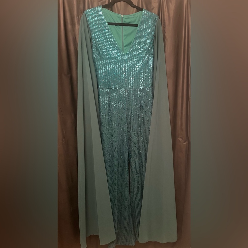 Emerald Sequin Jumpsuit with Cape Sleeves